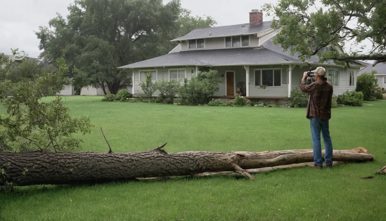 Fallen tree across a backyard lawn in Avon after a storm, with a homeowner taking photos from a safe distance