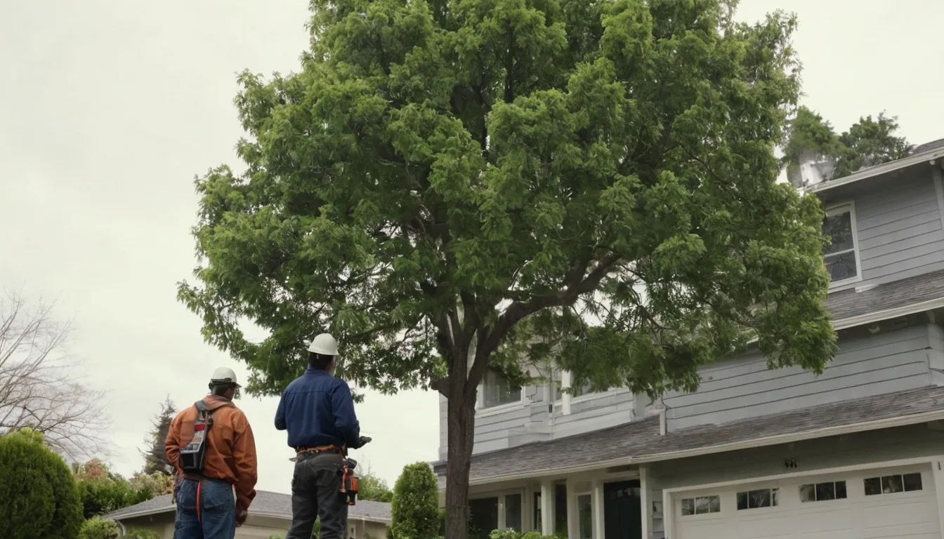 A local tree removal provider reviewing a large backyard tree with a homeowner near Avon